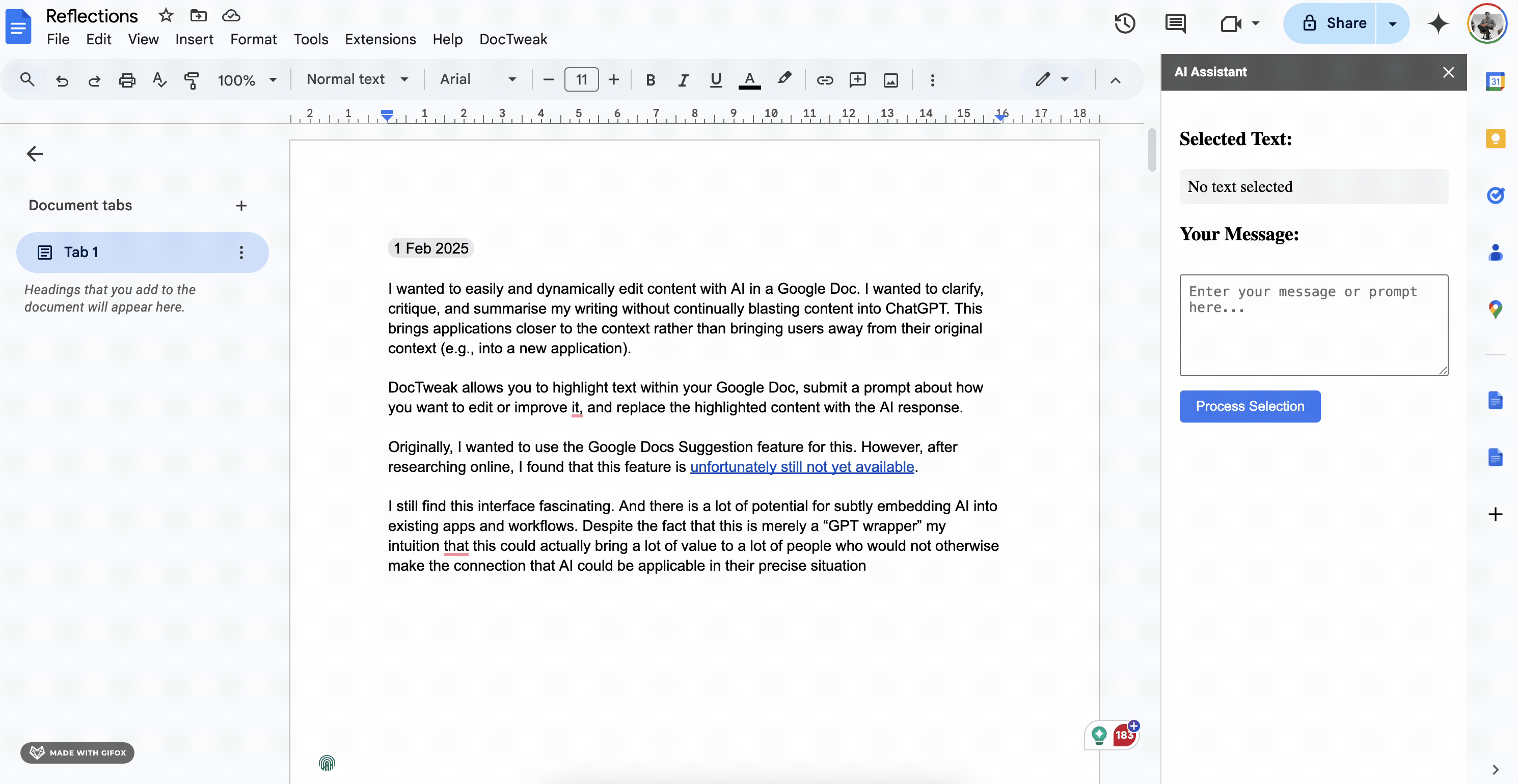 DocTweak interface showing AI suggestions in Google Docs