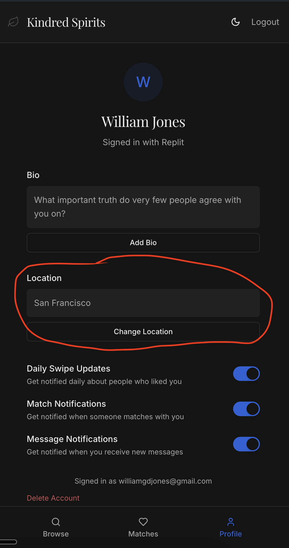 Kindred Spirits location setting in profile