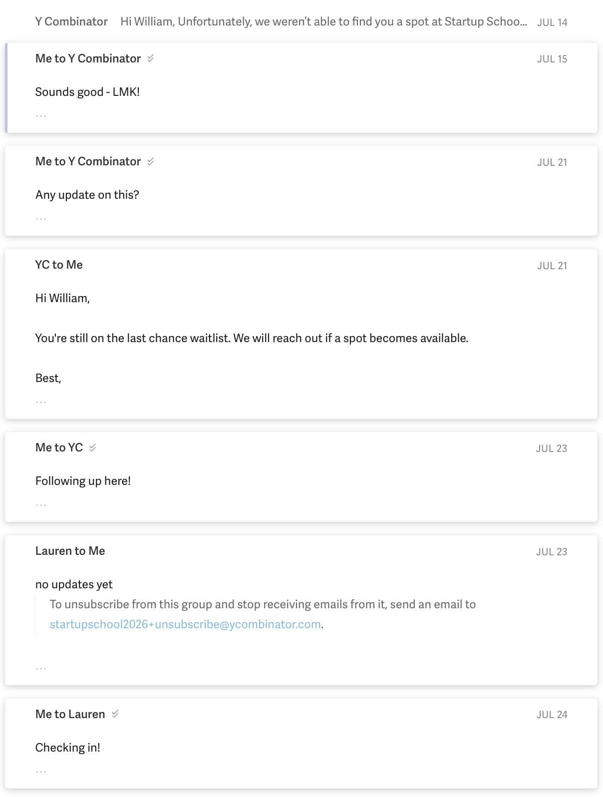 YC Startup School email follow-up